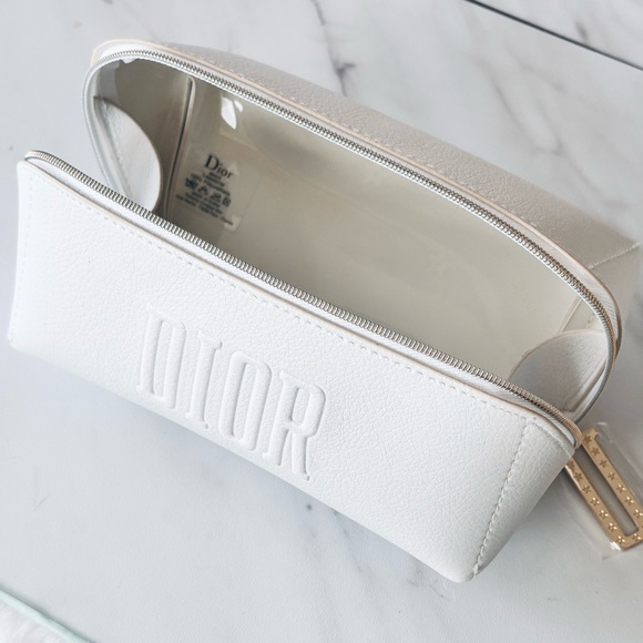 DIOR White Faux Leather Cosmetic Pouch Makeup Bag Case Embossed Logo New - Picture 11 of 16